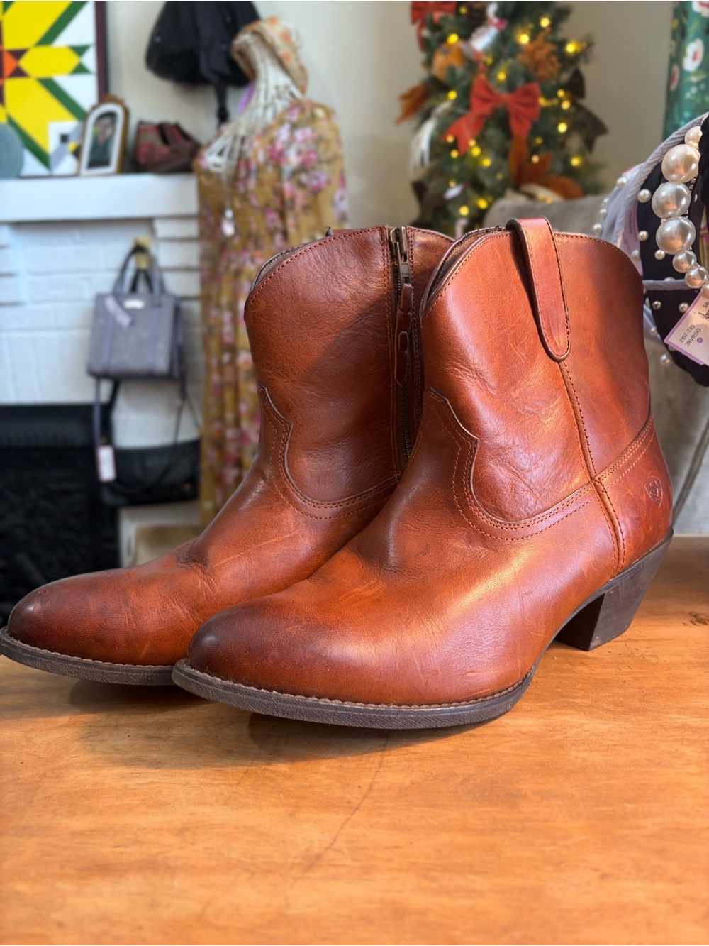 Ariat Cognac Brown Leather Western Ankle Booties